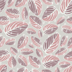 Seamless pattern of striped leaves and translucent polka dots in pastel colors. For printing on textiles, fabrics, bedding, wrapping paper, wallpaper. Vector graphics.