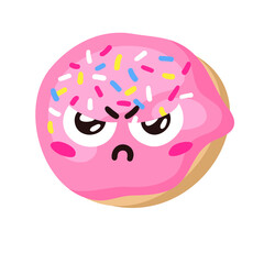 Hand Drawn Cartoon Illustration Donut Emoji. Fast Food Vector Drawing Sweet Emoticon. Tasty Image Meal. Flat Style Collection American Cuisine