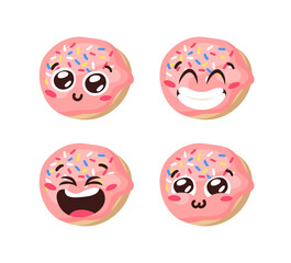 Hand Drawn Cartoon Illustration Donut Emoji. Fast Food Vector Drawing Sweet Emoticon. Tasty Image Meal. Flat Style Collection American Cuisine