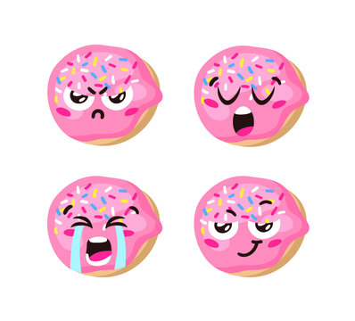 Hand Drawn Cartoon Illustration Donut Emoji. Fast Food Vector Drawing Sweet Emoticon. Tasty Image Meal. Flat Style Collection American Cuisine