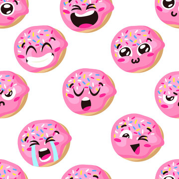 Hand Drawn Cartoon Illustration Donut Emoji. Fast Food Vector Drawing Sweet Emoticon. Tasty Image Meal. Flat Style Collection American Cuisine Seamless Pattern