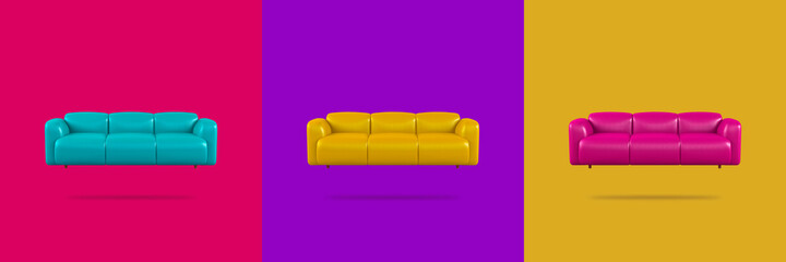 Flying leather soft sofa on multicolored background with shadow. Stylish cozy modern sofa made of genuine leather on legs. Creative Minimalistic mockup with sofa pop-art. Abstract background furniture