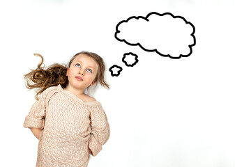 little beautiful girl dreams on a white background