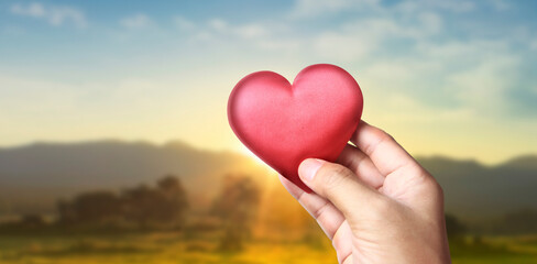 Hands holding red heart. heart health donation concepts