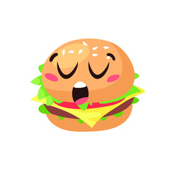 Hand Drawn Cartoon Illustration Burger Emoji. Fast Food Vector Drawing Humburger Emoticon. Tasty Image Meal. Flat Style Collection American Cuisine