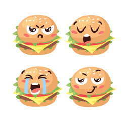 Hand Drawn Cartoon Illustration Burger Emoji. Fast Food Vector Drawing Humburger Emoticon. Tasty Image Meal. Flat Style Collection American Cuisine