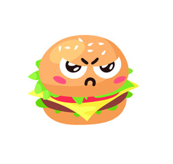 Hand Drawn Cartoon Illustration Burger Emoji. Fast Food Vector Drawing Humburger Emoticon. Tasty Image Meal. Flat Style Collection American Cuisine
