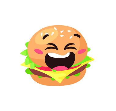Hand Drawn Cartoon Illustration Burger Emoji. Fast Food Vector Drawing Humburger Emoticon. Tasty Image Meal. Flat Style Collection American Cuisine