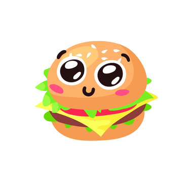 Hand Drawn Cartoon Illustration Burger Emoji. Fast Food Vector Drawing Humburger Emoticon. Tasty Image Meal. Flat Style Collection American Cuisine