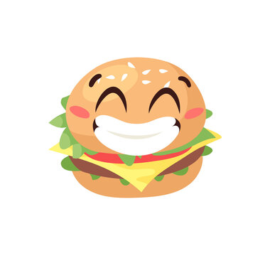 Hand Drawn Cartoon Illustration Burger Emoji. Fast Food Vector Drawing Humburger Emoticon. Tasty Image Meal. Flat Style Collection American Cuisine