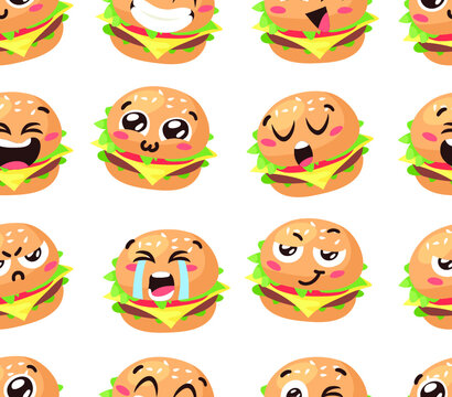 Hand Drawn Cartoon Illustration Burger Emoji. Fast Food Vector Drawing Humburger Emoticon. Tasty Image Meal. Flat Style Collection American Cuisine Seamless Pattern