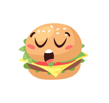 Hand Drawn Cartoon Illustration Burger Emoji. Fast Food Vector Drawing Humburger Emoticon. Tasty Image Meal. Flat Style Collection American Cuisine