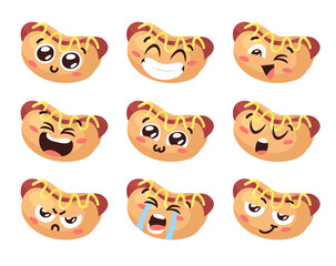 Obraz premium Hand Drawn Cartoon Illustration Hot Dog Emoji. Fast Food Vector Drawing Emoticon. Tasty Image Meal. Flat Style Collection American Cuisine