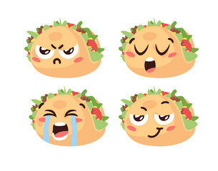 Hand Drawn Cartoon Illustration Tacos Emoji. Fast Food Vector Drawing Emoticon. Tasty Image Meal. Flat Style Collection  Mexican Cuisine