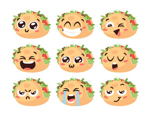 Hand Drawn Cartoon Illustration Tacos Emoji. Fast Food Vector Drawing Emoticon. Tasty Image Meal. Flat Style Collection  Mexican Cuisine