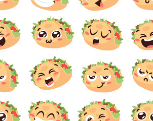 Hand Drawn Cartoon Illustration Tacos Emoji. Fast Food Vector Drawing Emoticon. Tasty Image Meal. Flat Style Collection  Mexican Cuisine Seamless Pattern