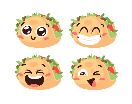 Hand Drawn Cartoon Illustration Tacos Emoji. Fast Food Vector Drawing Emoticon. Tasty Image Meal. Flat Style Collection  Mexican Cuisine