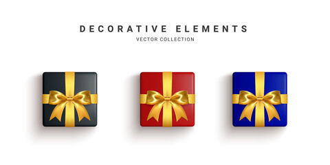 Collection of realistic gift boxes, decorative presents isolated on white background. Vector illustration
