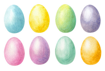 Easter multi colored eggs. Set of 8 Easter eggs in bright colors. Watercolor hand drawn illustration. Elements for print design