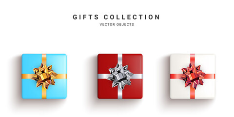 Collection of realistic gift boxes, decorative presents isolated on white background. Vector illustration