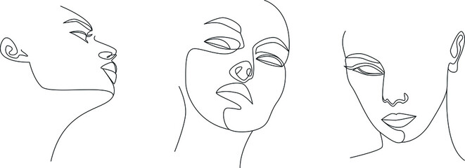 Modern line art face set, great design for any purposes. Cartoon vector illustration. Decorative print. Fashion portrait. Beauty logo minimalist vector design.