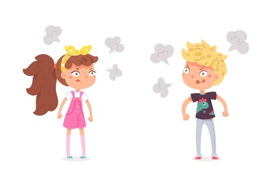 Angry stubborn kids. Mad girl and boy in quarrel with arms crossed. Sad little children in bad mood on white background. Expression of emotions and feelings vector illustration