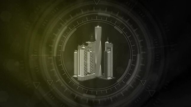 cg industrial 3D animation, poligonal city buildings rotates