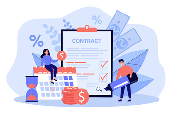 Happy couple signing loan agreement isolated flat vector illustration. Cartoon graphic man and woman taking bank credit and getting money. Mortgage and easy credit program concept