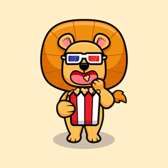 Cute lion king eating popcorn and watching movie design icon illustration