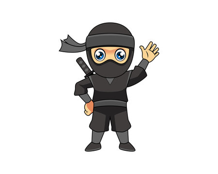 ninja kid cartoon character waving hand