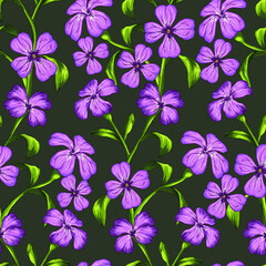 Seamless vector pattern with purple flowers and leaves. Good print for wallpaper, textile, wrapping paper, ceramic tiles