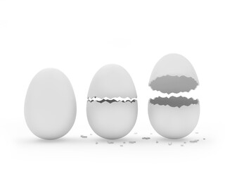 Three white eggs, whole and cracked and broken. 3d illustration 