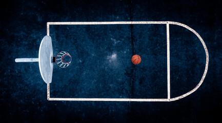 Basketball and basketball hoop viewed from above