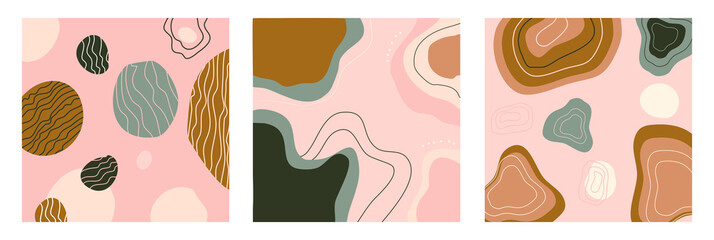 Three abstract patterns with hand drawn elements.Doodle background for card, presentation,banner. Trendy modern colors palette. Mid century art style. Stains, stripes and waves shapes.Covers template.
