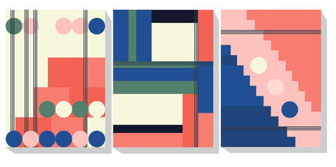 Mid century art.Set of abstract posters with geometric shapes.Modern minimal 20s design backgrounds.Applicable for banner,cover.Interior decoration. Primitive shapes elements.Stairs and circles.Vector