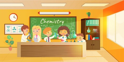 Chemistry lesson in classroom. Education in school vector illustration. Girls and boys doing chemistry experiments at school, holding flasks, using microscope at desk. Blackboard and bookcase