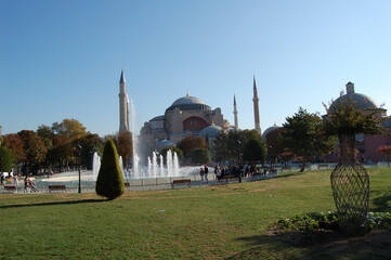 View of the main places and monuments of Istanbul, in Turkey. Museum Church of Santa Sofia (Hagia Sophia), or Hagyasofya. 
