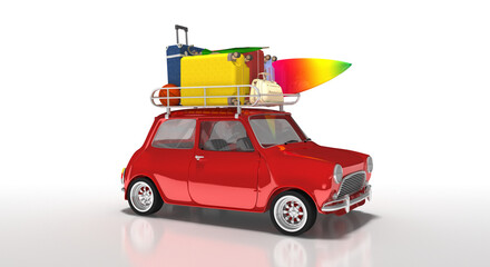 3d roter kleiner Pkw, Auto mit Dachgepäckträger und Koffer, freigestellt