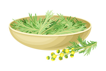 Bowl with Wormwood or Southernwood Plant with Feathery Leaves and Small Yellow Flowers Vector Illustration