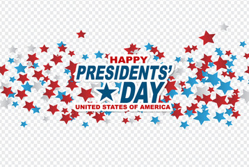 Fototapeta na wymiar Happy Presidents day banner background. USA flag colors confetti red, blue, and white. American public holiday. Realistic vector illustration.