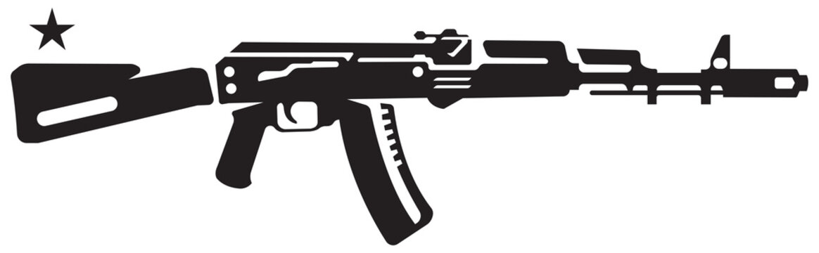 Kalashnikov assault rifle, stylized image, emblem. Monochrome, on a white background.