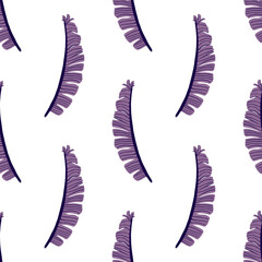 Isolated seamless pattern with jungle foliage print. Purple fern leaves silhouettes on white background.