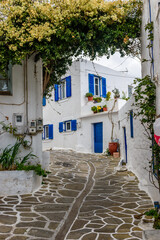 Traditional alley with whitewashed houses  during winter time  in lefkes Paros island