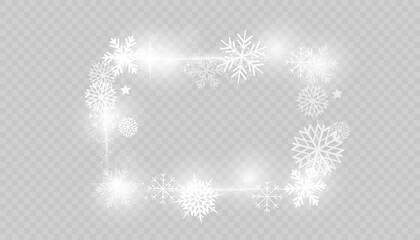 Fototapeta premium Rectangular winter snow frame border with stars, sparkles and snowflakes on transparent background. Festive christmas banner, new year greeting card, postcard or invitation vector illustration