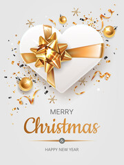 Fototapeta na wymiar Christmas numbers 2020 and gold decor on light background. Happy New Year. Horizontal banner with gift, balls, ribbons and other symbols. 