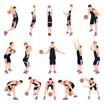 Basketball Players, Vector Illustration. Crossover Dribbling, Bouncing, Passing, Shooting Ball, Free Throw, Slam Dunk.