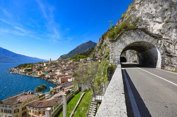 Fototapeta premium Limone sul Garda spectacular borgo in Italy on Garda Lake. Italian top holiday, view on lake.