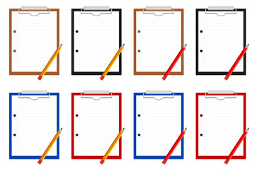 Clipboard with sheet of lined paper and pencil, various colours