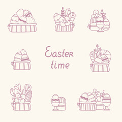 Easter arrangements with Easter eggs, flowers, cakes. Doodle. Suitable for Easter cards, wallpaper, paper, fabric, interior decor  and others