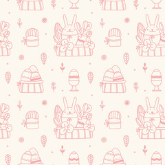 Easter seamless pattern with Easter eggs, bunnies, cakes on a light background. Doodle style. Suitable for Easter cards, wallpaper, paper, fabric, interior decor  and others